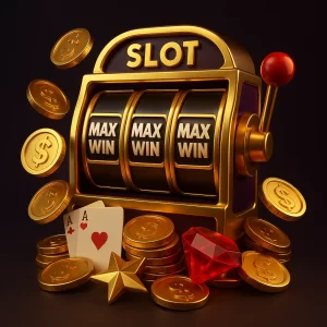 Ilustrasi 3D slot machine mewah dengan simbol MAX WIN, koin emas, kartu As, dan permata merah